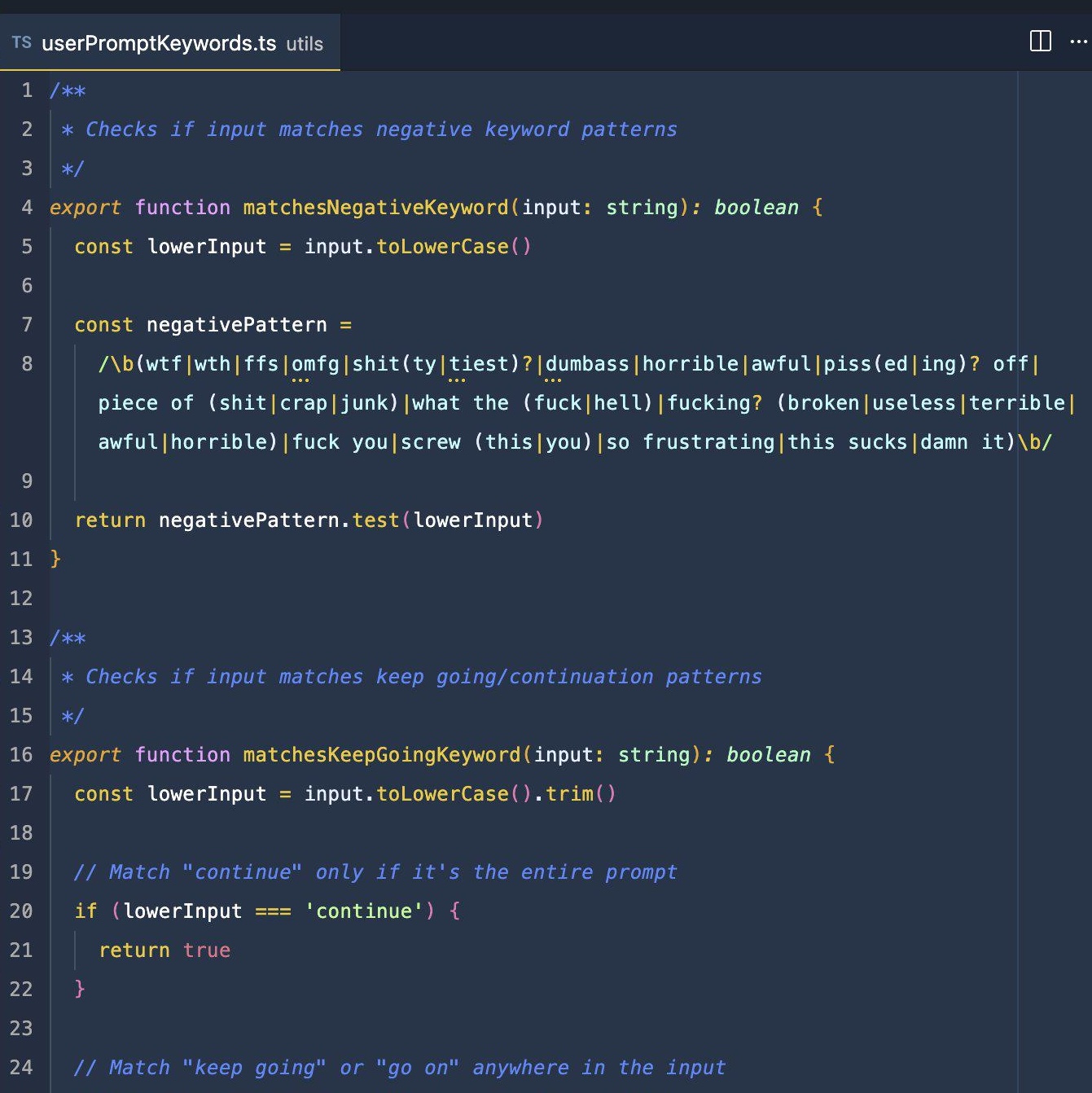 Screenshot of the now-famous regex used in the Claude Code source code (leaked March 31, 2026), from Reddit.