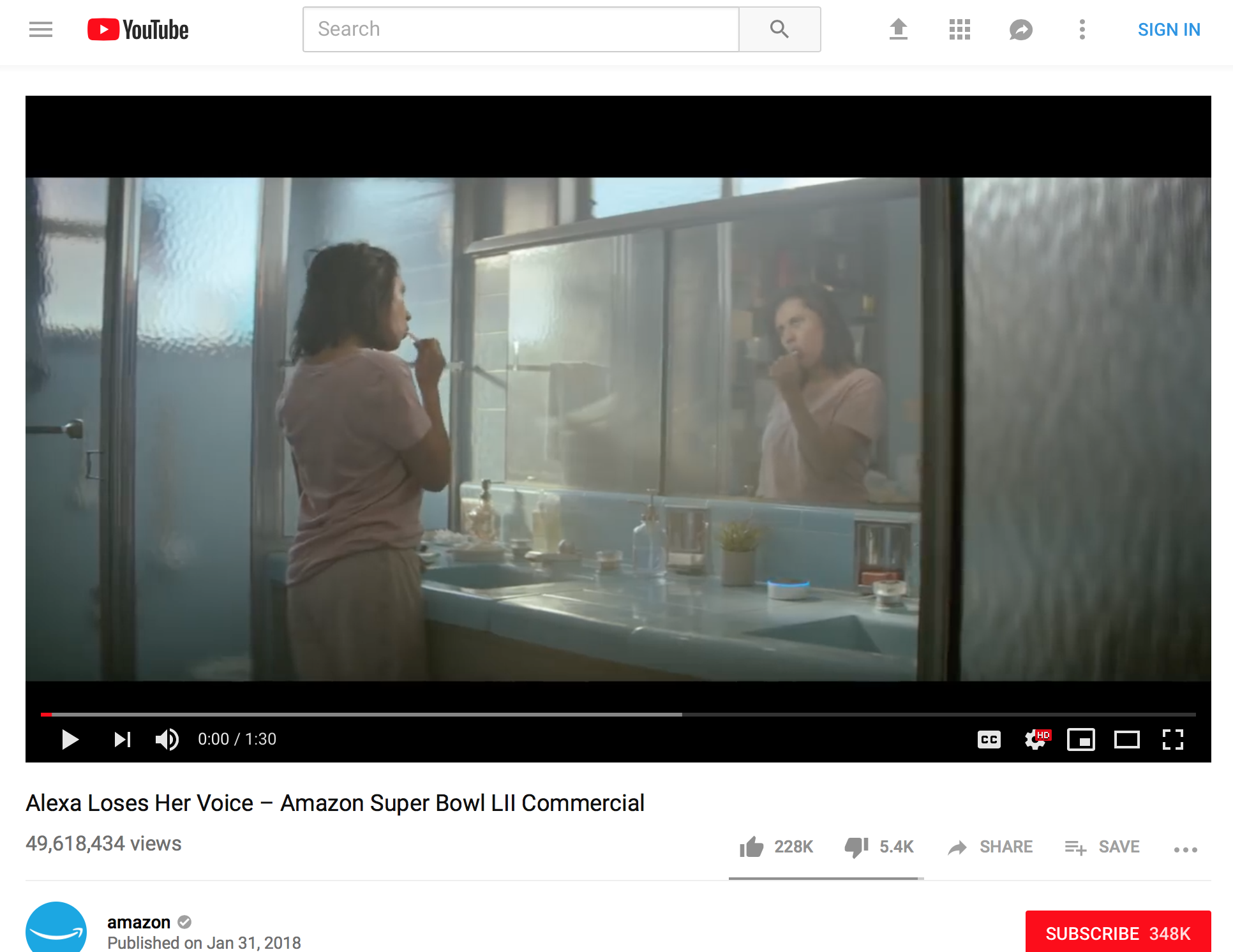 Screenshot showing 49 million views of Amazon's Super Bowl commercial