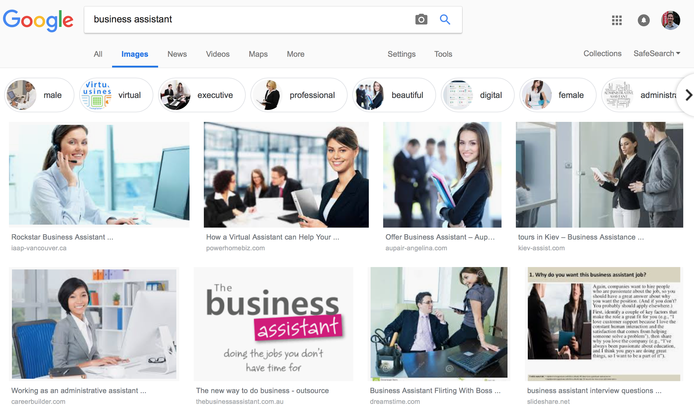 Screenshot of Google Image Search for 'business assistant.' Five of the six visible images have a woman prominently in the image, and one of those has a woman leaning provocatively against a table with a man looking at her.